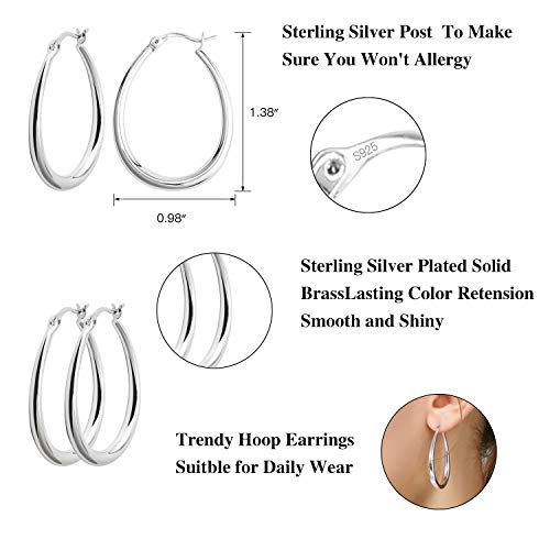 Silver Oval Hoop Earrings for Women 14K Gold Plated Hoop Earrings | Hypoallergenic Lightweight - color: A-Silver