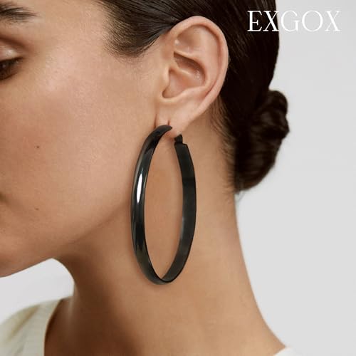 EXGOX 5mm Wide Gold Hoop Earrings for Women,Sterling Silver Hoop Earrings Large Silver Hoop Earrings Hypoallergenic Lightweight 14K Real Gold Plated Big Hoop Earrings for Women 30/40/50/60/70mm - color: Black Hoop-70mm