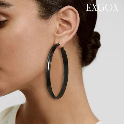 EXGOX 5mm Wide Gold Hoop Earrings for Women,Sterling Silver Hoop Earrings Large Silver Hoop Earrings Hypoallergenic Lightweight 14K Real Gold Plated Big Hoop Earrings for Women 30/40/50/60/70mm - color: Black Hoop-70mm