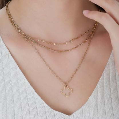 Triple Layered Gold Chain Necklace with Cross, Four Leaf Clover Pendant, Multi-Strand, Religious Jewelry, Gift with a Box - color: Four Leaf Clover