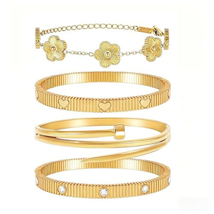 Stackable Gold Bracelets for Women - 4 Sets, 18K Gold Plated Bracelets, Stainless Steel Bangle Bracelets Non-Tarnish, Stylish Gold Jewelry Ensemble, Valentine's Day, Birthday and Christmas Jewelry Gifts - color: A2-(Gold 4Sets)