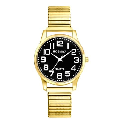 Avaner Stretch Band Wrist Watches: Elastic Strap Bangle Big Number Easy Reader Analog Quartz Wristwatch for Men Women - color: Gold Band Black Dial (for men)