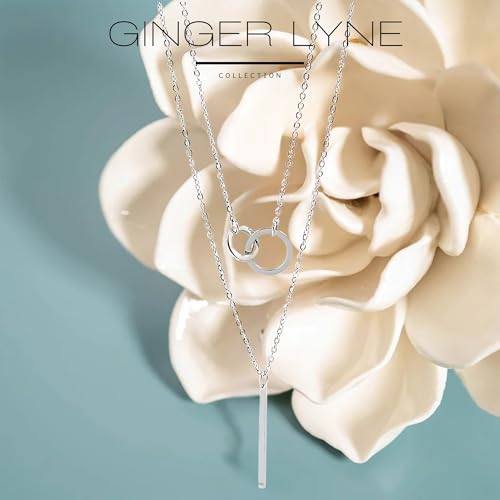 Layered Chain Necklace for Women by Ginger Lyne | Stainless Steel Adjustable Length up to 20" Curb Chains with Linked Circles and Bar Pendants| Minimalist Jewelry for Her
