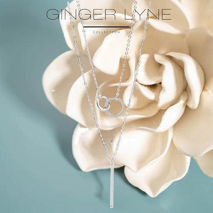 Layered Chain Necklace for Women by Ginger Lyne | Stainless Steel Adjustable Length up to 20" Curb Chains with Linked Circles and Bar Pendants| Minimalist Jewelry for Her