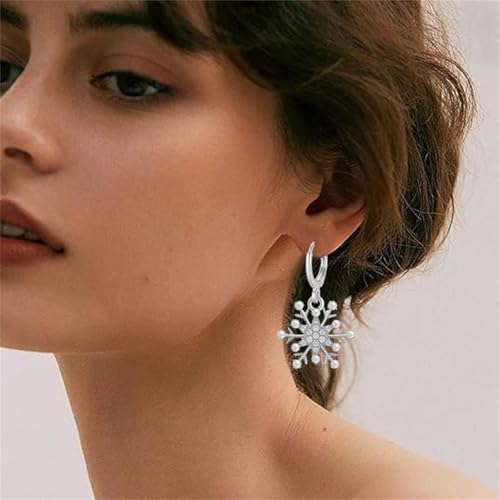 Dreuyet Snowflake Earring and Necklace Set for Women Clear Cubic Zirconia Sparkle Snowflake Hoop Earrings Silver Christmas Snowflake Pearl Earrings Winter Holiday Women Wife Jewelry Gift - color: Silver