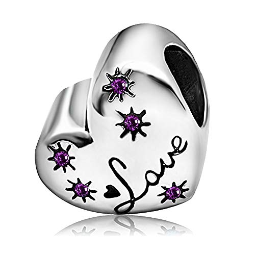 KunBead January-December Birthstone Footprint Heart Birthday Love Bead Charms Compatible with Pandora Bracelet for Mom Daughter Grandma Granddaughter - color: February