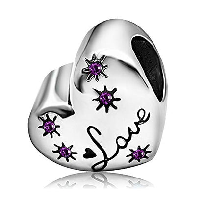 KunBead January-December Birthstone Footprint Heart Birthday Love Bead Charms Compatible with Pandora Bracelet for Mom Daughter Grandma Granddaughter - color: February