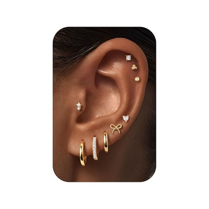 M MOOHAM 9 Pairs Flat Back Earring Stack Set for Women Teen Girls | Hypoallergenic Earrings, 14K Gold Plated Huggie Hoop Stud Earring, Small Cute Bow Cartilage Earrings, Trendy Jewelry Gifts - color: 14K Gold Plated