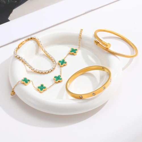 18K Gold Plated Bangle Bracelets Stack for Women,Four Leaf Clover Stackable Bracelets Non Tarnish,4 Pcs Jewelry sets Gifts - color: Green