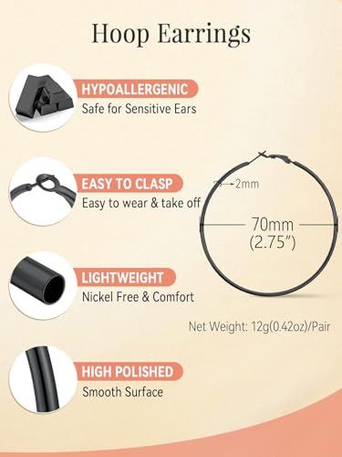 FaithHeart Silver/Black/Gold Stainless Steel Thin Hoop Earrings for Women | 2mm Wide Thin Large Hoop Earrings, Hypoallergenic Lightweight Trendy Jewelry, 20/30/40/50/60/70/80/90/100mm - color: Black, size: 70mm/2.75"