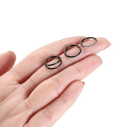 PEAKLINK 3pcs Double Nose Rings Double Nose Hoops 316L Surgical Steel Cartilage Earrings 20G/18G/16G Septum Rings Conch Piercing Helix Lip Rook Daith Tragus Pierxing Jewelry 6mm to 12mm - color: Black