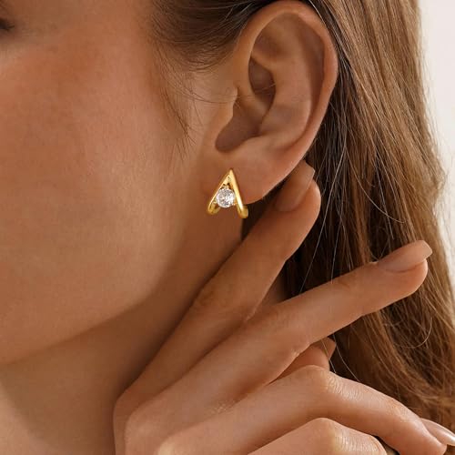 Gold Earrings for Women Trendy,14K Gold Plated Stud Earrings Dainty Simple Minimalist Hypoallergenic Earring for Women Gifts
