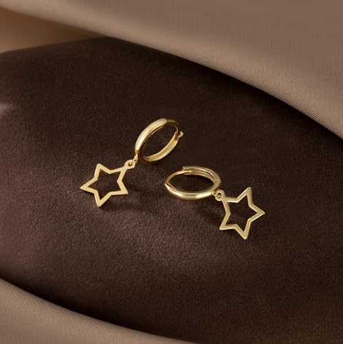 Reffeer Solid 925 Sterling Silver Star Hoop Dangle Earrings for Women Teen Girls Star Drop Earrings Huggie - color: B-Yellow