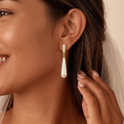 Pearl Earrings for Women Trendy, 14k Gold Plated Freshwater CZ Leaf Pearl Dangle Drop Gold Earrings Lightweight Hypoallergenic Stud Earring Bridesmaid Wedding Gold Jewelry for Women Gifts - style: long pearl earrings