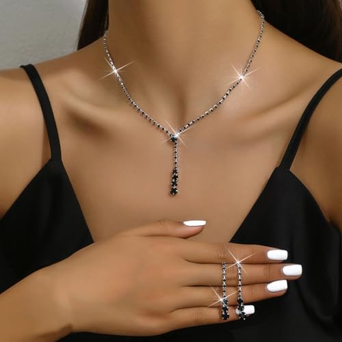 Bride Silver Bridal Necklace Earrings Set Crystal Wedding Jewelry Set Rhinestone Choker Necklace for Women and Brides - color: F Black