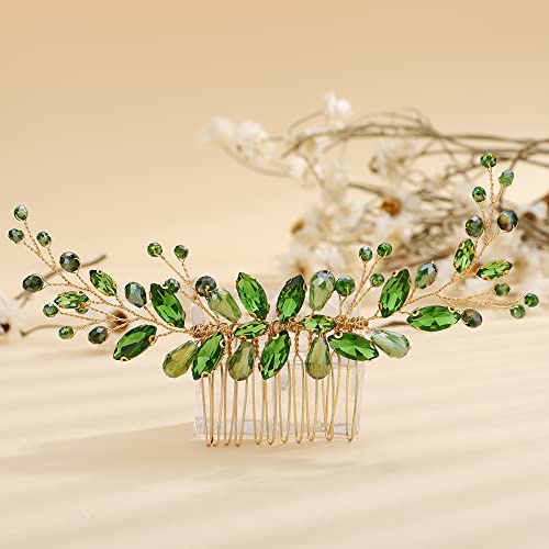 Teyglen Bridal Crystal Hair Comb Green Rhinestone Wedding Hair Side Comb Handmade Hair Accessories for Bride Red Black Blue Hair Pieces Dainty Headpieces for Women Girls (Green) - color: Green