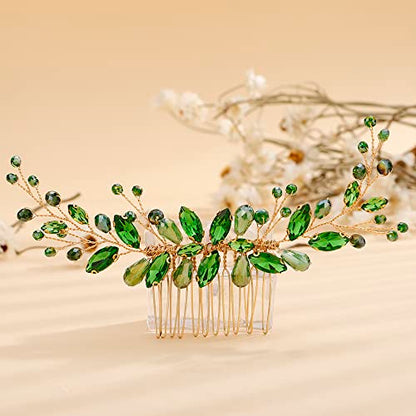 Teyglen Bridal Crystal Hair Comb Green Rhinestone Wedding Hair Side Comb Handmade Hair Accessories for Bride Red Black Blue Hair Pieces Dainty Headpieces for Women Girls (Green) - color: Green