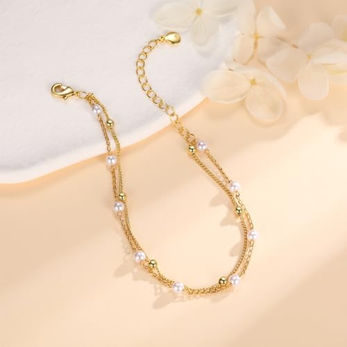 Gold Pearl Bracelet for Women, 18K Gold Plated Dainty Pearls Beaded Chain Bracelet Jewelry Gifts for Women - color: D-Gold 4