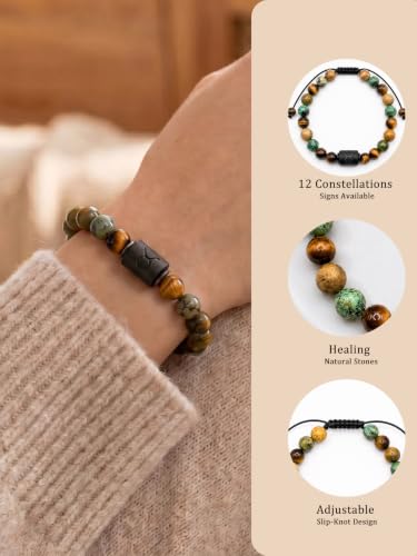 Zodiac Bracelet for Women and Men, Zodiac Sign Natural Stone Beaded Bracelet, Adjustable Horoscope Astrology Bracelet with Zodiac Card, Birthday Gift for Her Him - color: Taurus