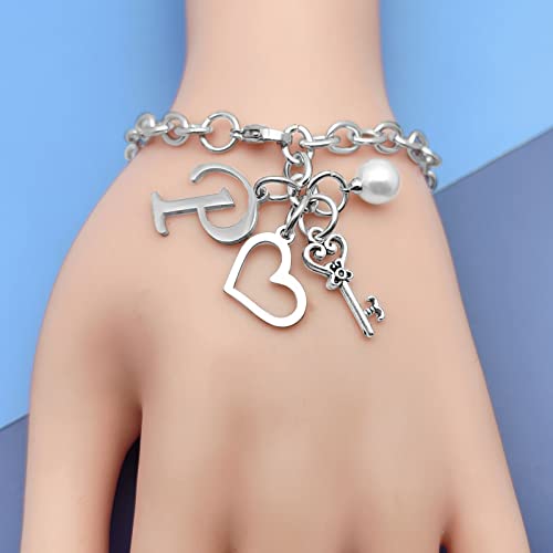 Initial A-Z Bracelets Gift for Women Girls Stainless Steel Chain Bracelet 26 Alphabet Jewelry Gifts for Birthday Anniversary Letter Bracelet Monogram Gifts for Sister Friend Girlfriends Mom 8.26 Inch - color: P