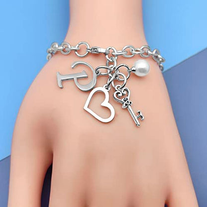 Initial A-Z Bracelets Gift for Women Girls Stainless Steel Chain Bracelet 26 Alphabet Jewelry Gifts for Birthday Anniversary Letter Bracelet Monogram Gifts for Sister Friend Girlfriends Mom 8.26 Inch - color: P