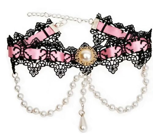 Black Lace Choker Necklace Vintage Pearl Necklaces Gothic Victorian Lolita Costume Necklaces for Women White Lace Choker for Bridal Wedding - color: Pink