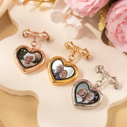 Personalized Photo Wedding Bouquet Charm, Double Sided Round Glass Photo Locket Pendant Pin Brooch, Handmade Memorial Picture Frame Bridal Shower Gift For Bride & Groom - color: Heart - Gold