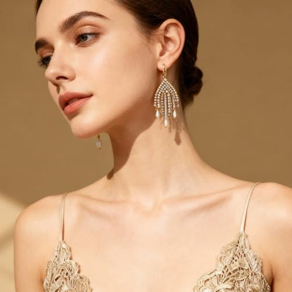 Fringe Dangling Tassel Earrings for Women, Handcrafted Chandelier Long Bohemian Beaded Cubic Zirconia Crystal Imitation Pearls Inlay Statement Boho Chain Hook Earrings for Wedding Party - color: White Gold Hook