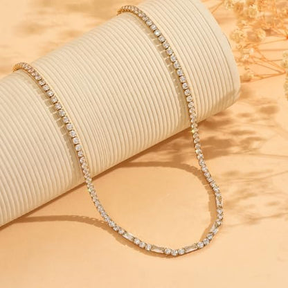 Tennis Necklaces for Women 18K Gold Plated White Red Green Blue Cubic Zirconia Necklaces Dainty Rhinestone Choker Necklaces Trendy Faux Diamond Tennis Chain 3mm - color: White Tennis Choker-Gold
