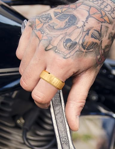 King Will 8mm Mens Hammered Tungsten Rings Matte Brushed Finish | Beveled Edge, Comfort Fit, Durable, Everyday Wear - color: Gold