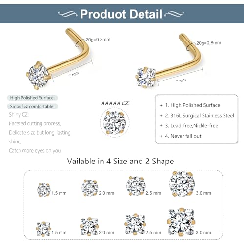 20G Nose Rings Studs for Women Corkscrew Sliver Nose Studs Hypoallergenic Nose Rings 316L Stainless Steel Nose Nostril Percing Jewely for Women Men Round Square CZ Imitation Diamond 1.5mm/2.0mm/2.5mm/3.0mm - style: 20G-L-Shape-gold-3.0mm
