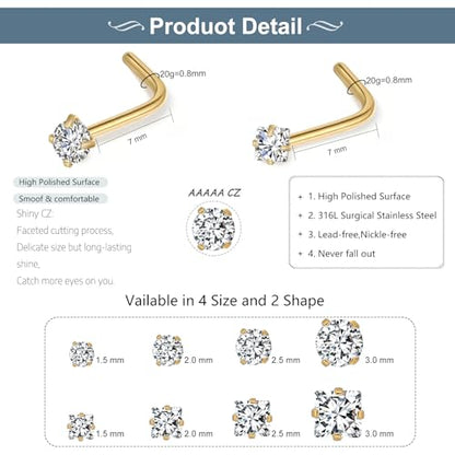 20G Nose Rings Studs for Women Corkscrew Sliver Nose Studs Hypoallergenic Nose Rings 316L Stainless Steel Nose Nostril Percing Jewely for Women Men Round Square CZ Imitation Diamond 1.5mm/2.0mm/2.5mm/3.0mm - style: 20G-L-Shape-gold-2.0mm