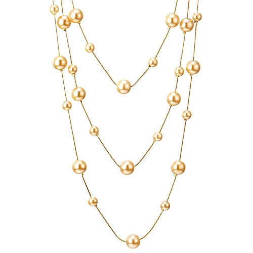 Statement Necklace Three-Strand Long Chains with Synthetic Pearl Beads, Elegant, Dress - color: B-Beads Color: Champagne 18K Gold-Plated