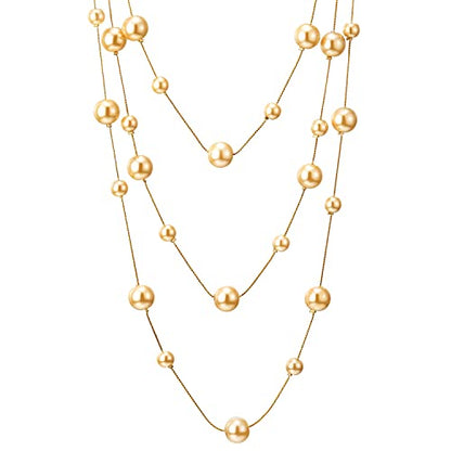 Statement Necklace Three-Strand Long Chains with Synthetic Pearl Beads, Elegant, Dress - color: B-Beads Color: Champagne 18K Gold-Plated