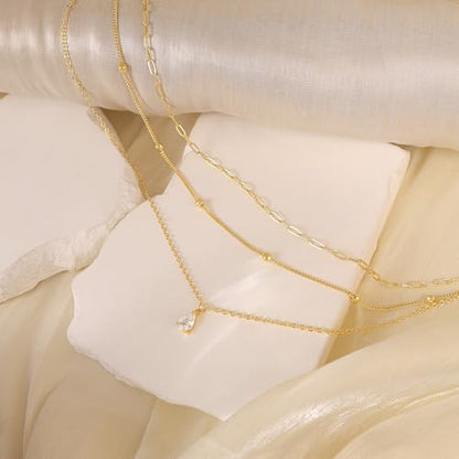 Dainty Layered Necklaces for Women,14k Gold Plated CZ Choker Necklace Stack | 14K Gold Plated Necklace set,Non Tarnish Hypoallergenic Beaded Paperclip Chain Necklace Stack Women's Minimalist Jewelry Gift - color: Gold-1