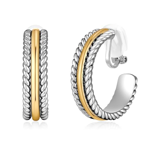 Clip on Earrings for Women Silver and Gold Plated Twisted Rope Hoops Non Pierced C Hoop Earring Lightweight Two Tone Clips Mixed Metal Jewelry Gifts - color: Twisted Hoop-silver&gold