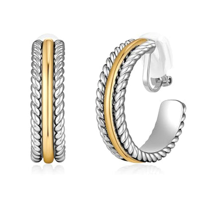 Clip on Earrings for Women Silver and Gold Plated Twisted Rope Hoops Non Pierced C Hoop Earring Lightweight Two Tone Clips Mixed Metal Jewelry Gifts - color: Twisted Hoop-silver&gold