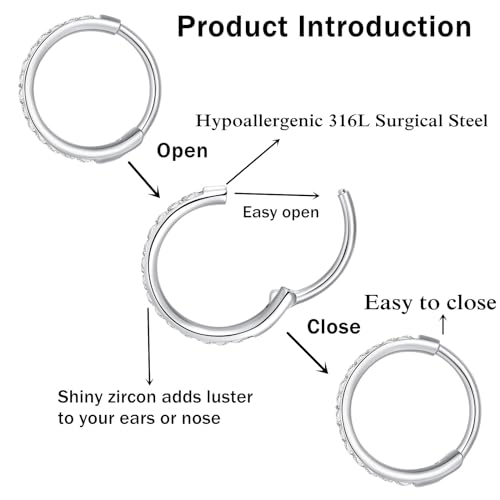 ORANGELOVE 20G 18G 16G Clear CZ Nose Ring Hoop 316L Surgical Steel Seamless Silver Septum Ring Clicker Jewelry Cartilage Earring Ear Piercing Hoop Earrings for Women Men Helix Rook Lobe Conch Tragus Daith Lip Hinged Piercing Jewelry with Cubic Zirconia -