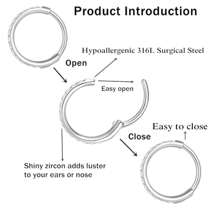 ORANGELOVE 20G 18G 16G Clear CZ Nose Ring Hoop 316L Surgical Steel Seamless Silver Septum Ring Clicker Jewelry Cartilage Earring Ear Piercing Hoop Earrings for Women Men Helix Rook Lobe Conch Tragus Daith Lip Hinged Piercing Jewelry with Cubic Zirconia -