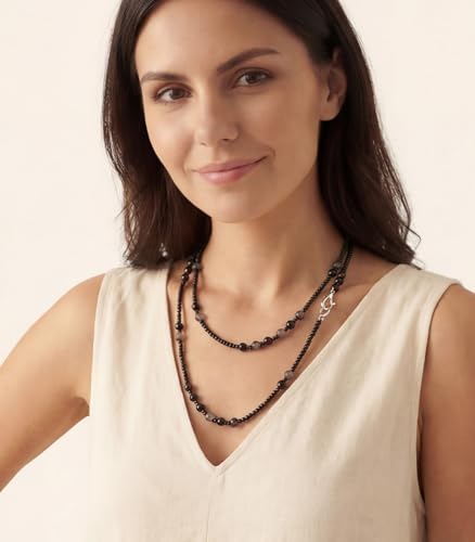 Long Beaded Necklaces for Women Pearl Stone Bead Strand - Layered Sweater Chain Elegant Mother's Day Jewelry Gifts - color: Black