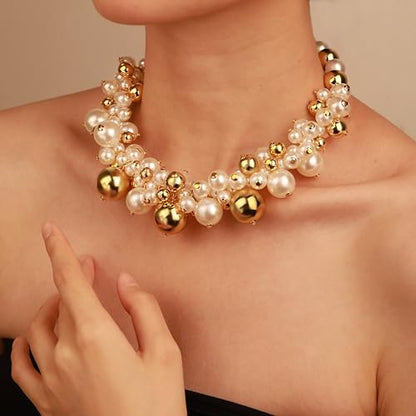 2 PCs Gold Plated Necklace Set for Women - Non Tarnish Jewelry Gift with Fashion Design - style: Pearl 2