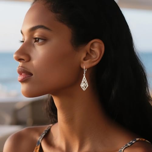BOUTIQUELOVIN Filigree Dangle Earrings for Women Drop Earings | 14K Gold Plated Geometric Dangling Leverback Earrings Silver Hypoallergenic Dangly Earings Lightweight Daily Jewelry Gifts - color: A-Silver