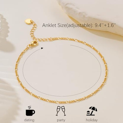 MELELIFE 14K Gold Anklets for Women Gold Ankle Bracelets for Women | Thin Figaro Anklet Simple Flowing Chain Design Dainty Anklets for Womens Ankle Bracelet Adjustable Size