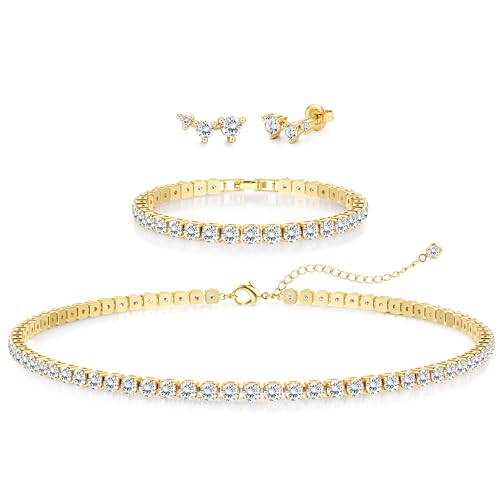 Jstyle 925 Sterling Silver Jewelry Set for Women - Dainty Tennis Necklace Bracelet Earrings Set Hypoallergenic Rhinestone Wedding Jewelry Sets for Brides Bridesmaids Crystal Prom Costume Accessories - color: Style A: 14K Gold Plated