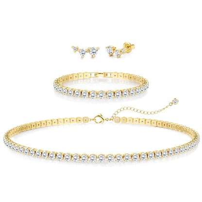 Jstyle 925 Sterling Silver Jewelry Set for Women - Dainty Tennis Necklace Bracelet Earrings Set Hypoallergenic Rhinestone Wedding Jewelry Sets for Brides Bridesmaids Crystal Prom Costume Accessories - color: Style A: 14K Gold Plated