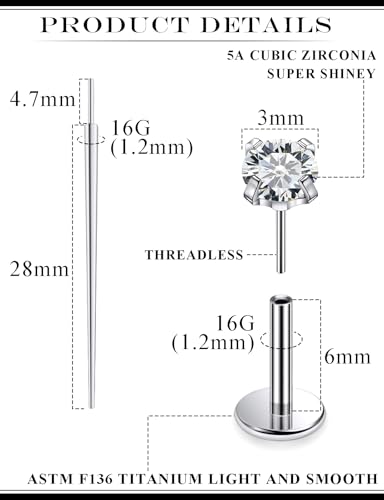 20G 18G 16G F136 Titanium Threadless Flat Back Earrings Nose Studs Tragus Forward Helix Conch Cartilage Lobe Earrings Medusa Labret Snake Bite Monroe Lip Ring Piercing Jewelry For Women Men - size: 16G-6MM Bar-CZ 3MM