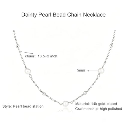 Pearl Necklace for Women, Dainty Pearls Choker Necklace for Women 14K Gold Plated Layered Pendant Necklace Handmade Gold Chain Necklace Everyday Jewelry Gift - color: Bead Pearl-Silver