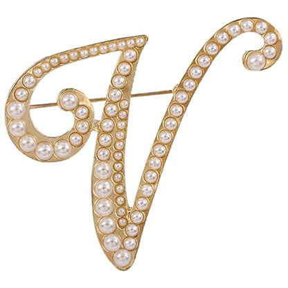A-Z Initial 26 Letter Brooch Pins, Gold Faux Pearl Alphabet Badges Breastpin for Hat Bag Dress Coat Suit Accessory, Elegant Name Personalized Gifts for Women Men - color: V