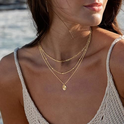 Dainty Layered Necklaces for Women,14k Gold Plated CZ Choker Necklace Stack | 14K Gold Plated Necklace set,Non Tarnish Hypoallergenic Beaded Paperclip Chain Necklace Stack Women's Minimalist Jewelry Gift - color: Gold-3