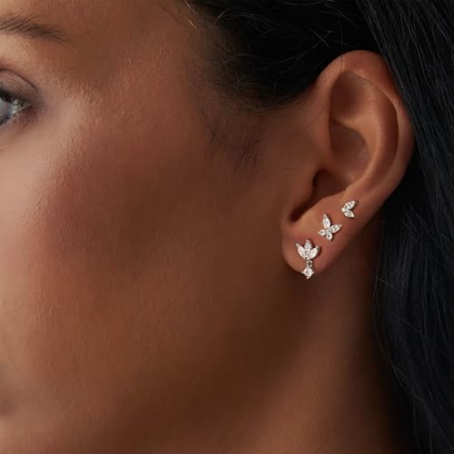Sterling Silver Earrings Stacks for Women, Hypoallergenic Cartilage Earring | Dainty Stud Huggie Hoop Dangle Chain Earrings, 14K Gold/White Gold Plated - color: 3Pairs-Butterfly Set-Silver